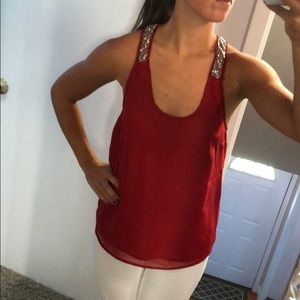 Red Aqua Top with Beaded Cross Back Detail